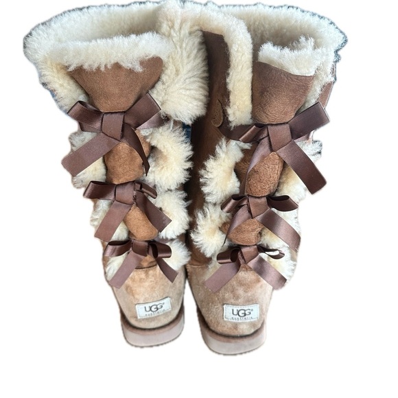 UGG Womens Size 10 Boots Bailey Knit Bow Tall Chestnut Brown Suede Shearl… - Picture 3 of 7